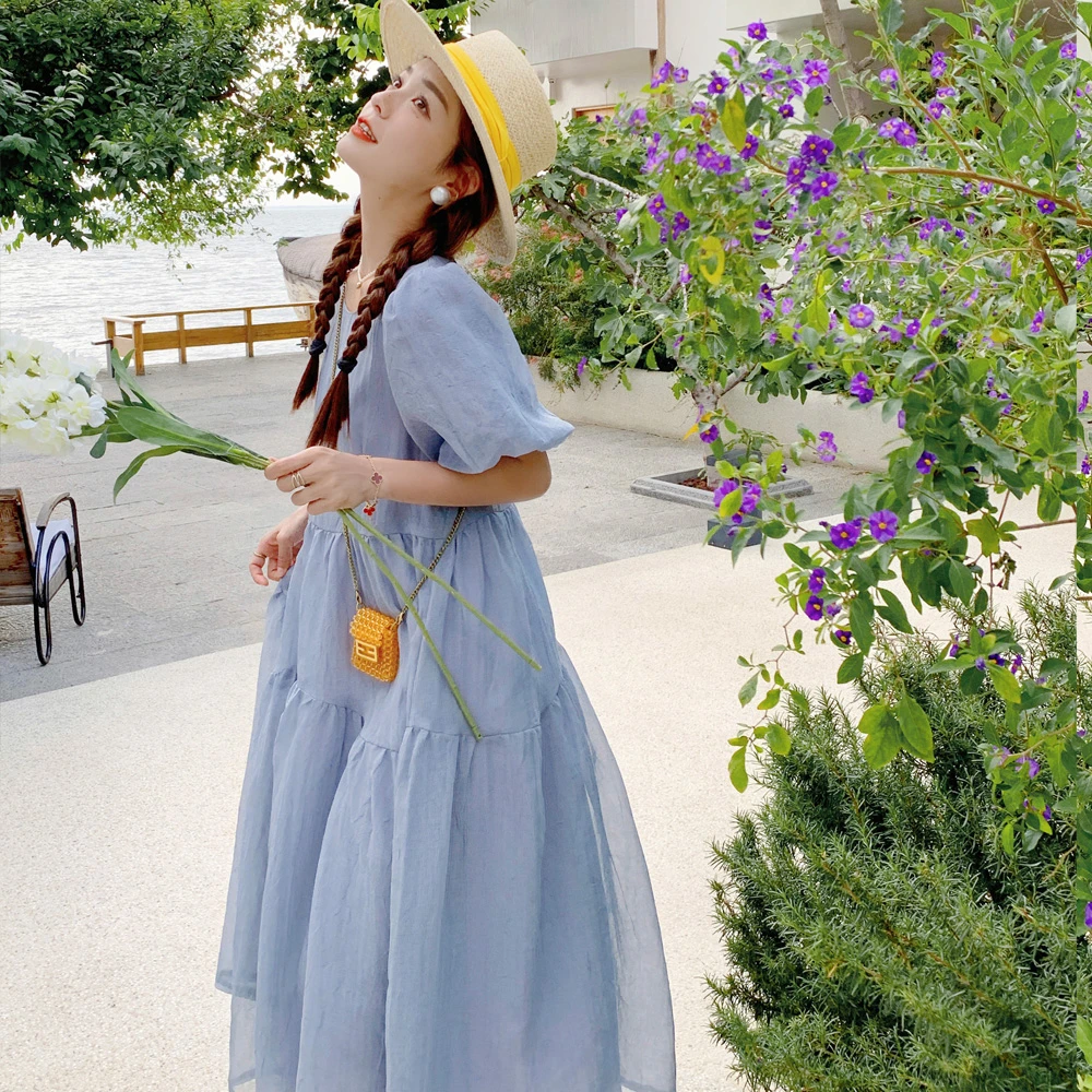 蓝色显瘦雪纺连衣裙女2025夏新款初恋清纯奶甜仙女气质娃娃长裙