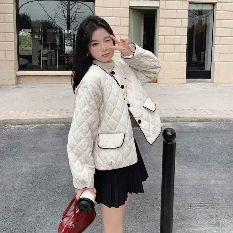 棉服女菱形格圆领短外套冬装韩版2025新款时尚保暖小个子时尚棉衣