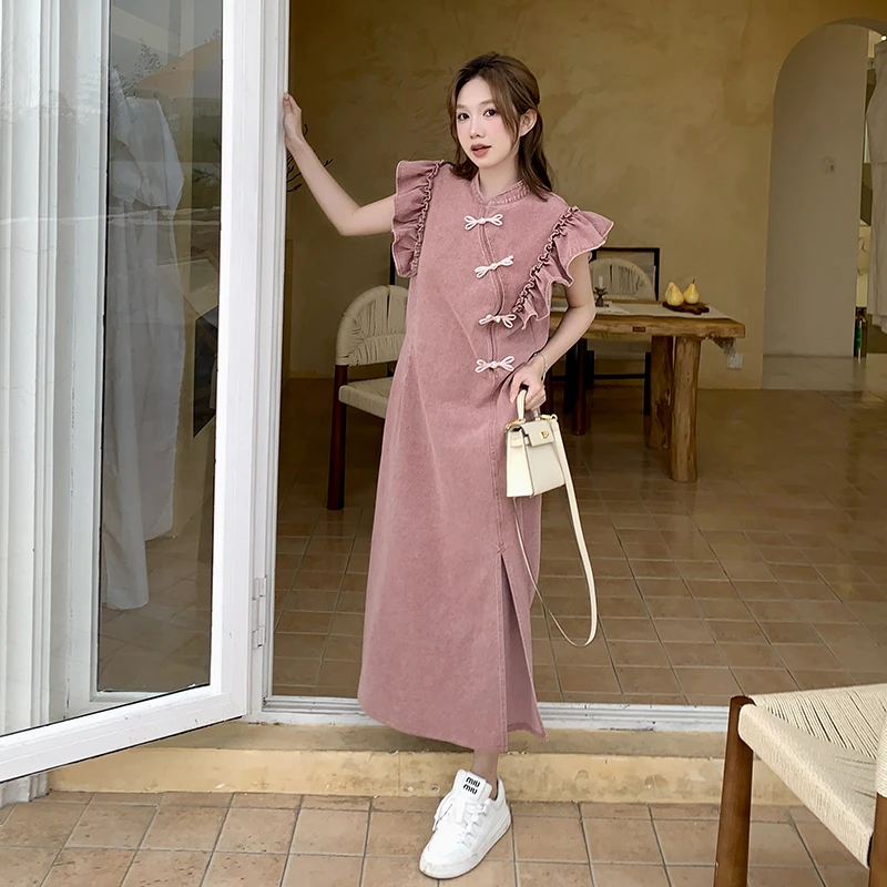 新中式改良旗袍新款连衣裙女夏设计感荷叶边小飞袖盘扣粉色牛仔裙