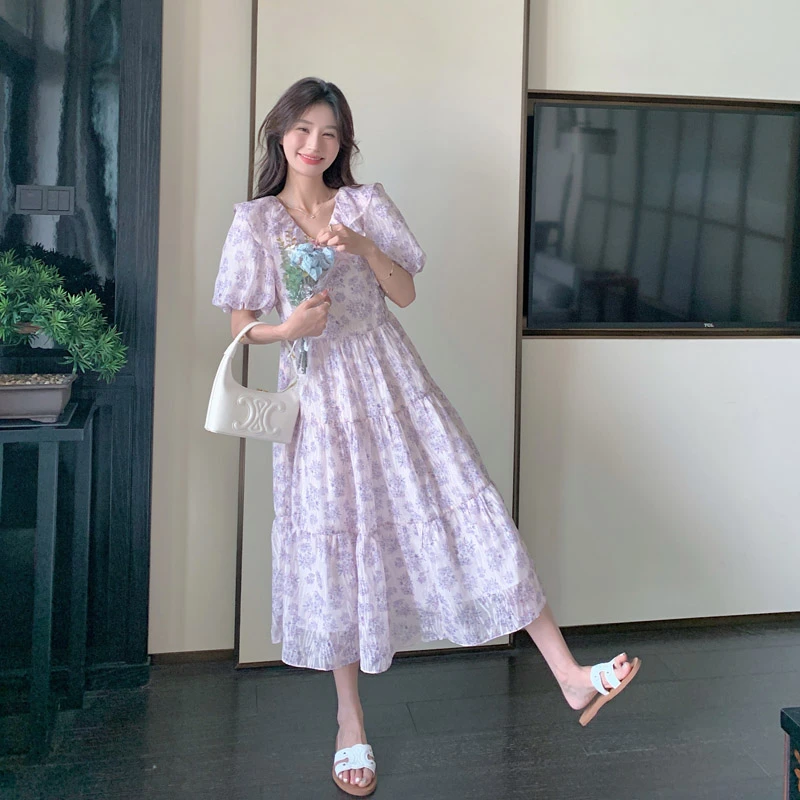 法式收腰紫色小众连衣裙女2025夏新款裙子温柔绝美气质v领仙女裙