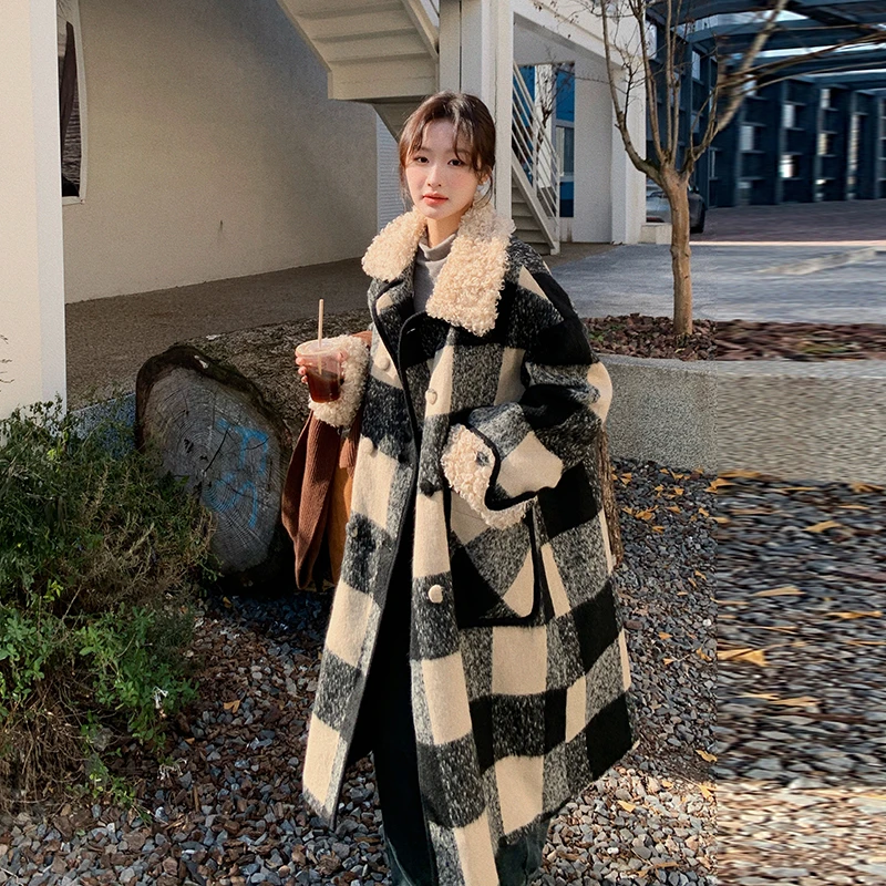 宽松复古格纹毛呢外套女中长款冬2025感超好看韩系赫本风呢子大衣