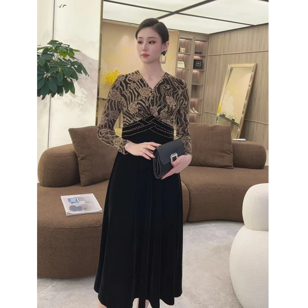 【熹凤斎原创】2024秋冬新款轻奢气质收腰显瘦拼撞连衣裙