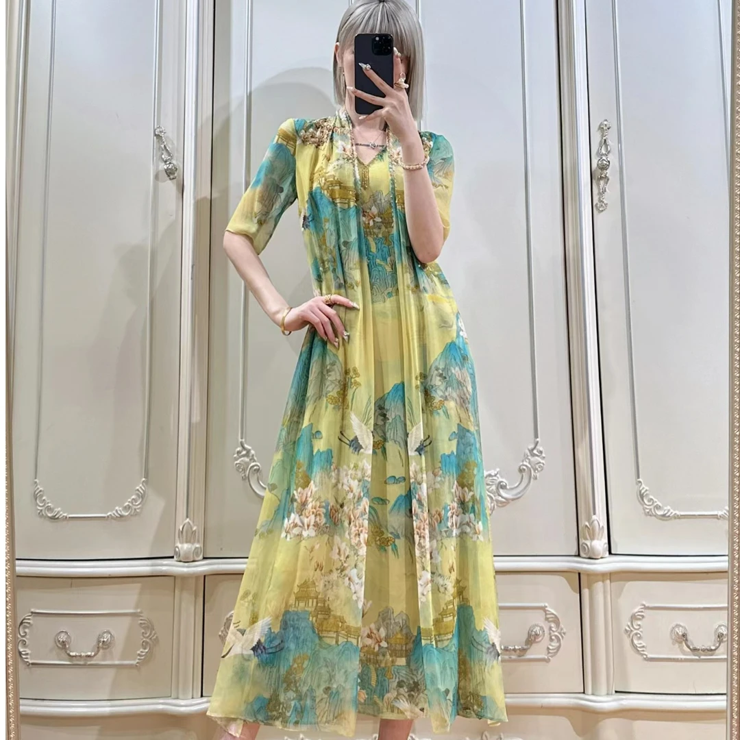 【熹凤斎原创】设计师高级定制国风桑蚕丝气质优雅连衣裙长款时尚