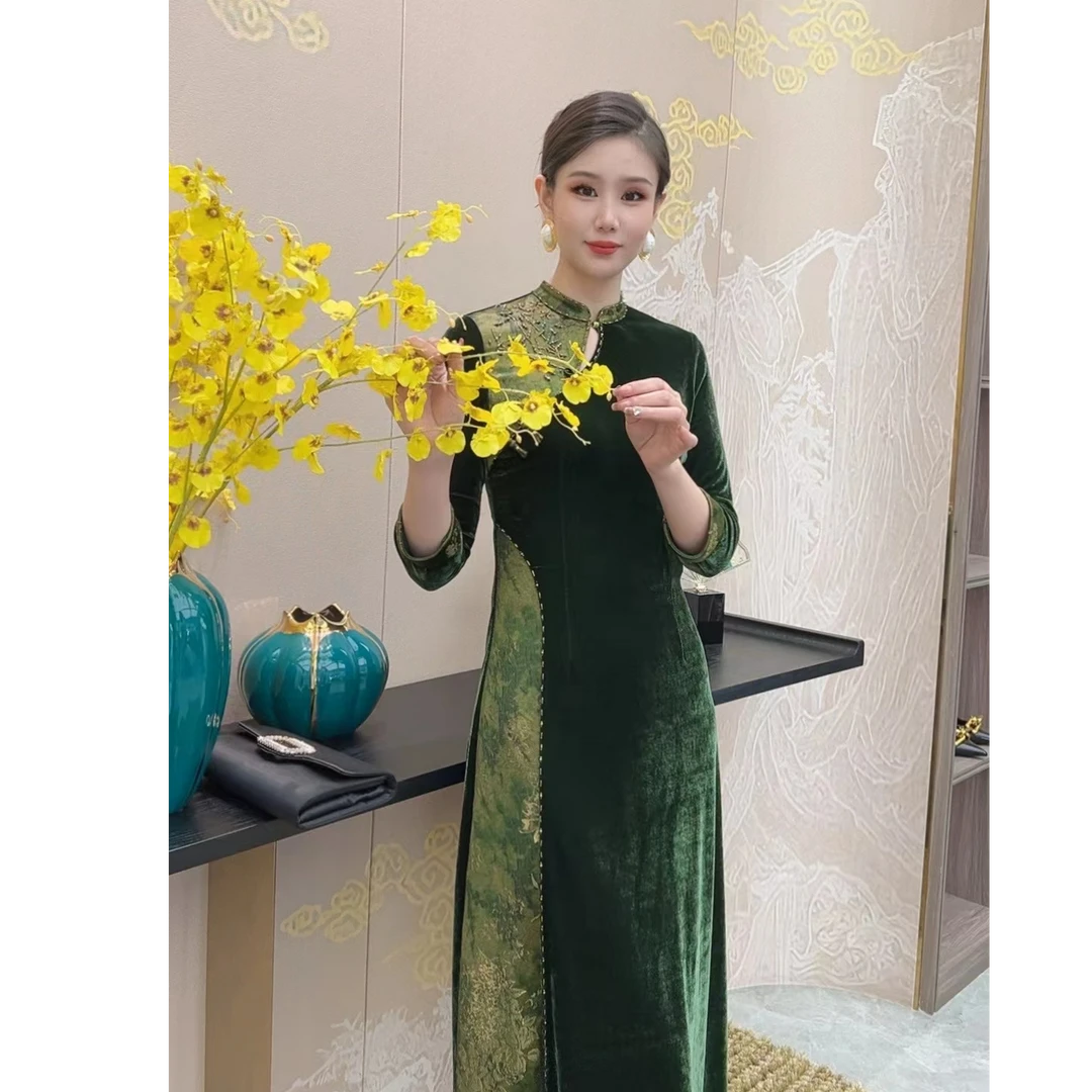 【熹凤斎】原创新款【古墨玉绿】复古气质优雅贵气显瘦连衣裙长款