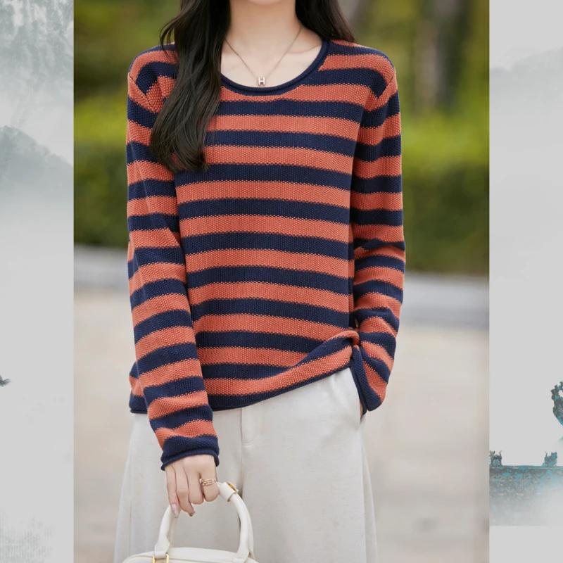 秋冬女纯棉针织衫长袖圆领显瘦时尚加厚百搭条纹套头休闲SMY14040
