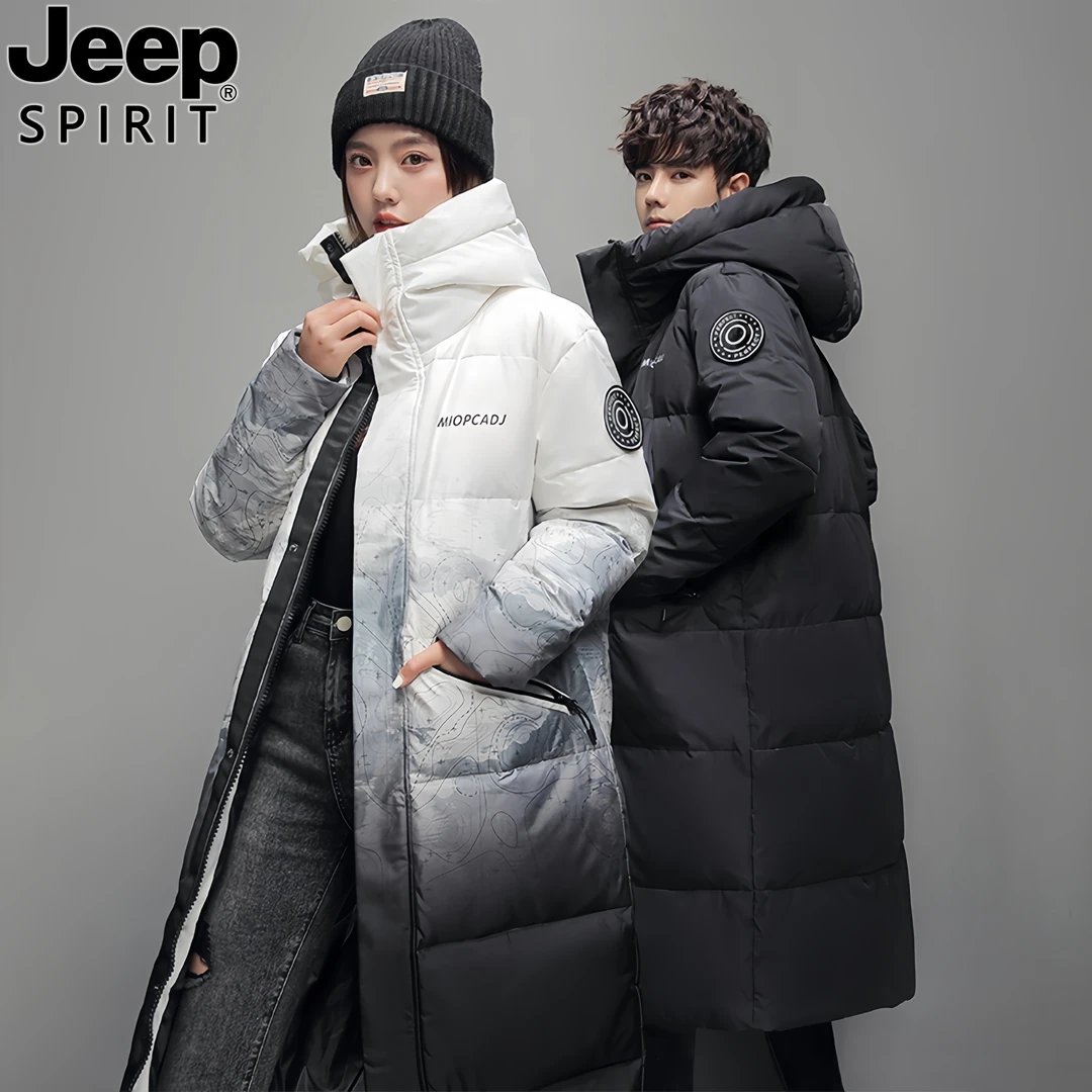 Jeep吉普新款羽绒服中长款过膝加厚渐变冬季情侣装休闲白鸭绒外套