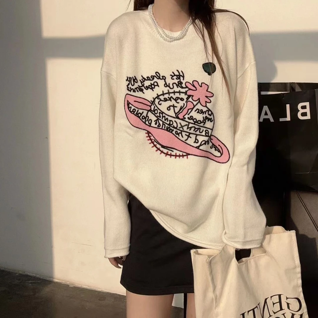 JIE NA YANG轻奢231398时尚甜美百搭休闲立体提花字母圆领羊绒衫