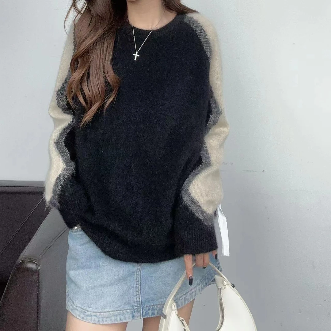 JIE NA YANG 230920拉绒工艺-时尚百搭拼色圆领羊绒衫