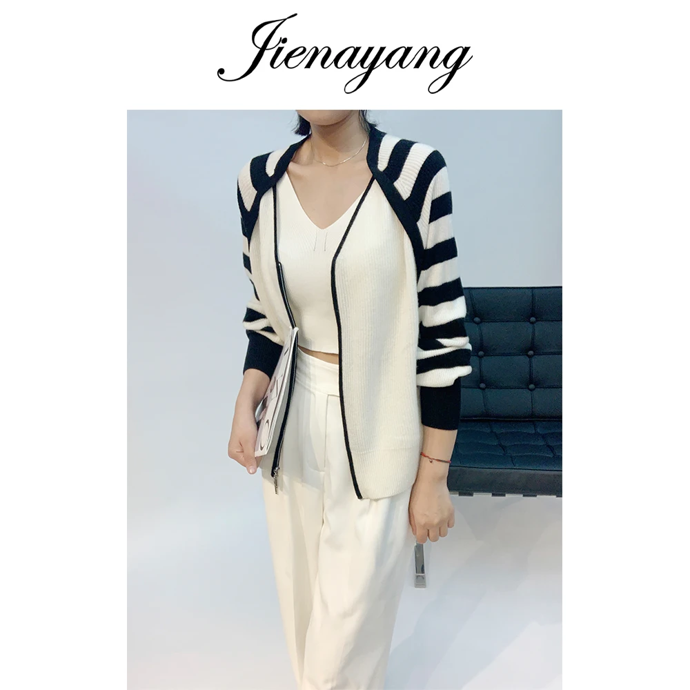 【杰娜洋新款】230203设计感黑白撞色条纹显瘦拉链羊绒开衫上衣