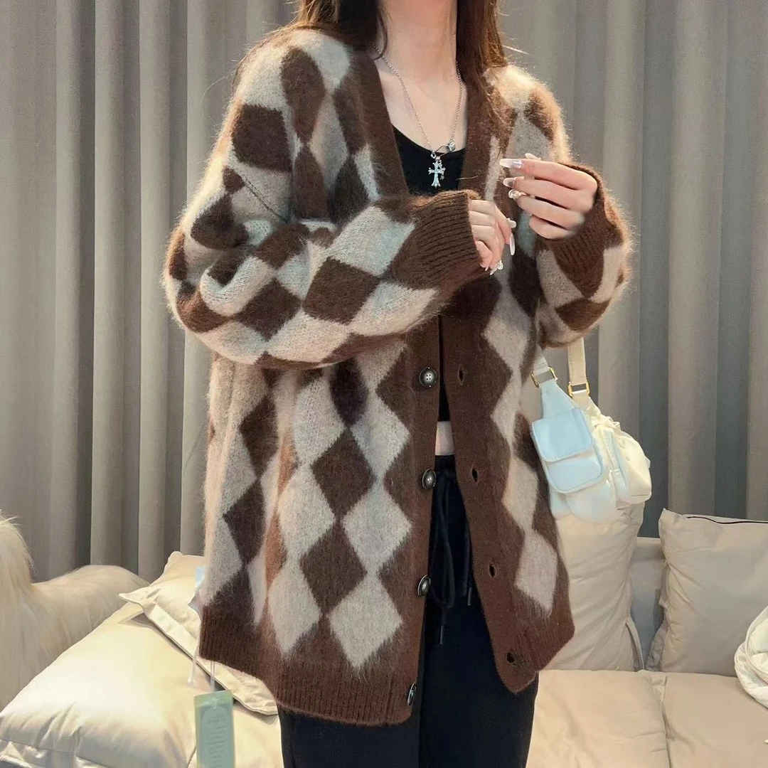 JIE NA YANG拉绒工艺231815-百搭高级感V领菱形格羊绒开衫