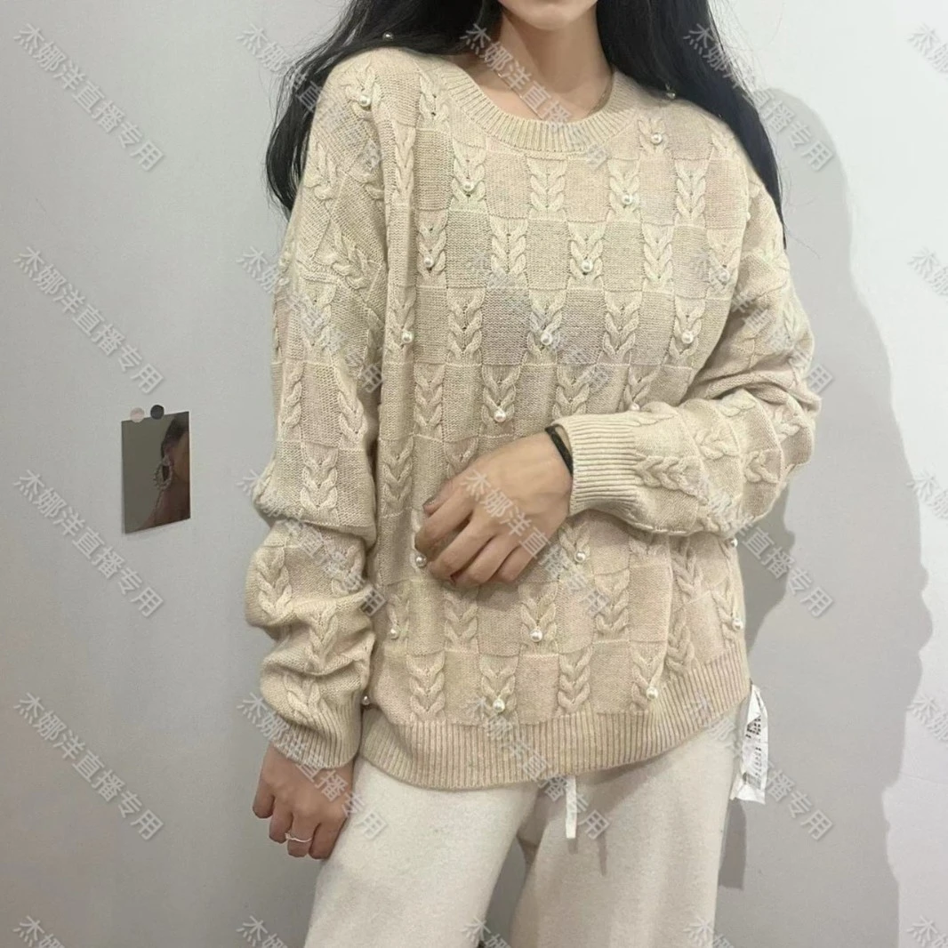 【杰娜洋羊绒】221202重工钉珠圆领麻花针织慵懒风纯羊绒衫网红条纹