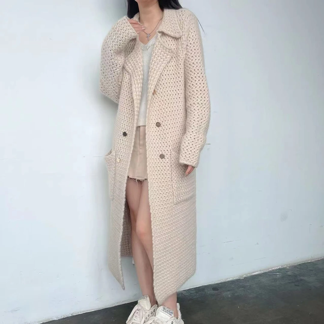 【杰娜洋新款】230206轻奢时尚重工针织粗棒针千鸟格羊绒大衣气质