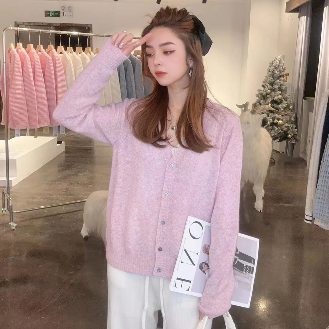 【杰娜洋春秋新款】230106温柔百搭时尚花纱工艺V领羊绒开衫上衣