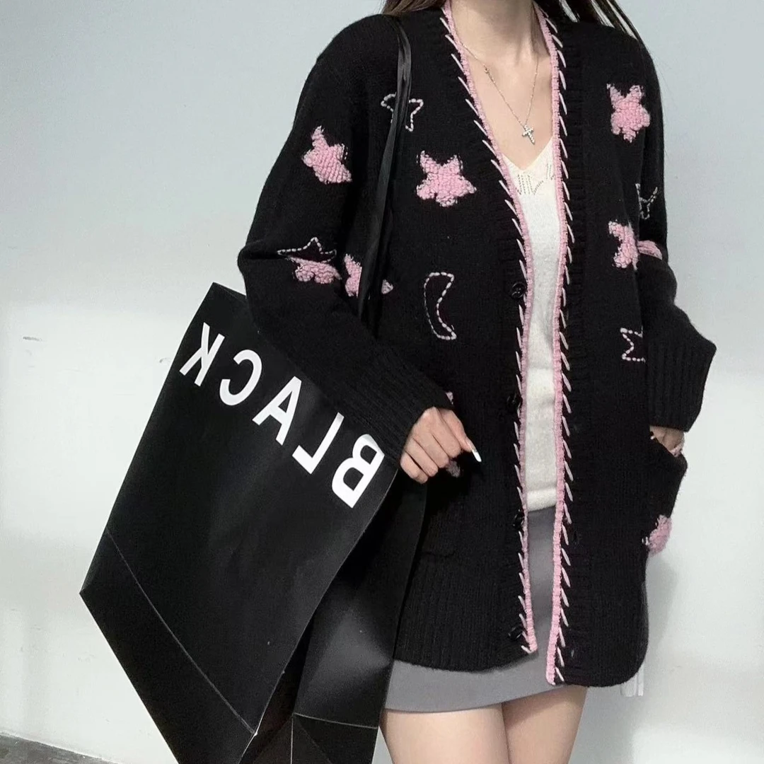 JIE NA YANG 轻奢231405时尚可爱风立体星星月亮图案羊绒开衫