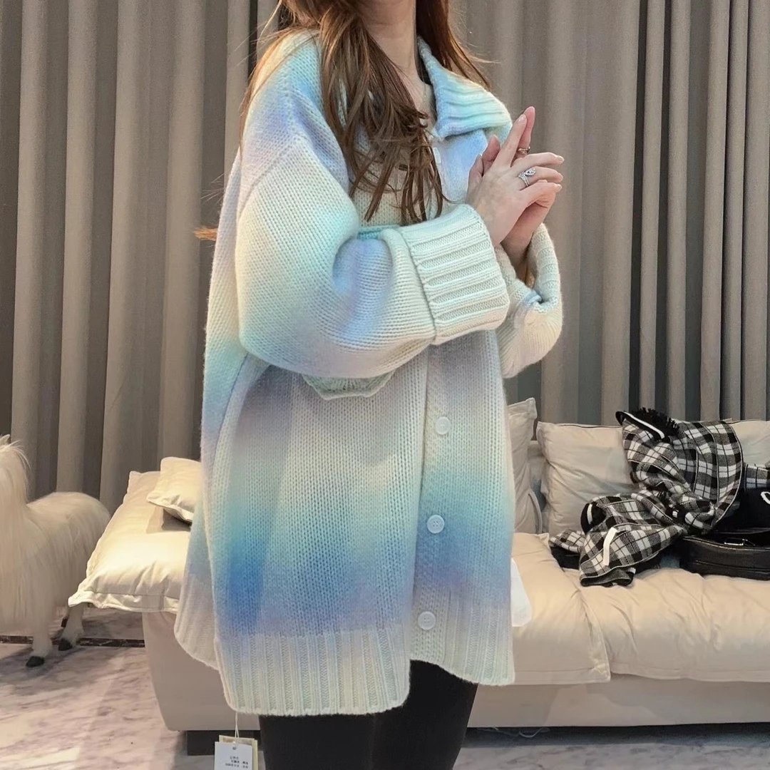 JIE NA YANG冰雪奇缘231657时尚晕染渐变色口袋翻领纯羊绒大开衫