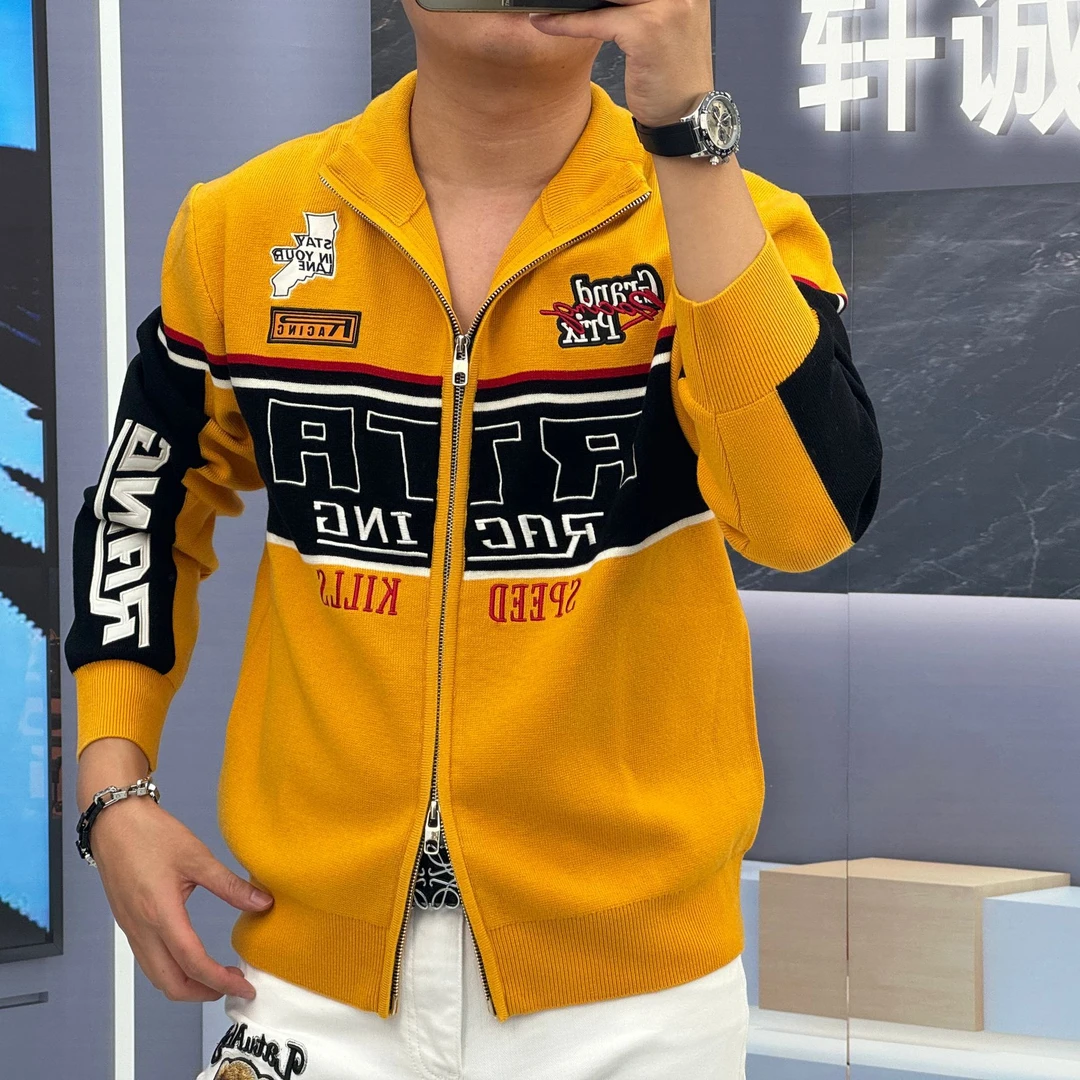 2024秋冬新款男士休闲时尚保暖个性百搭翻领拉链刺绣保暖羊毛外套