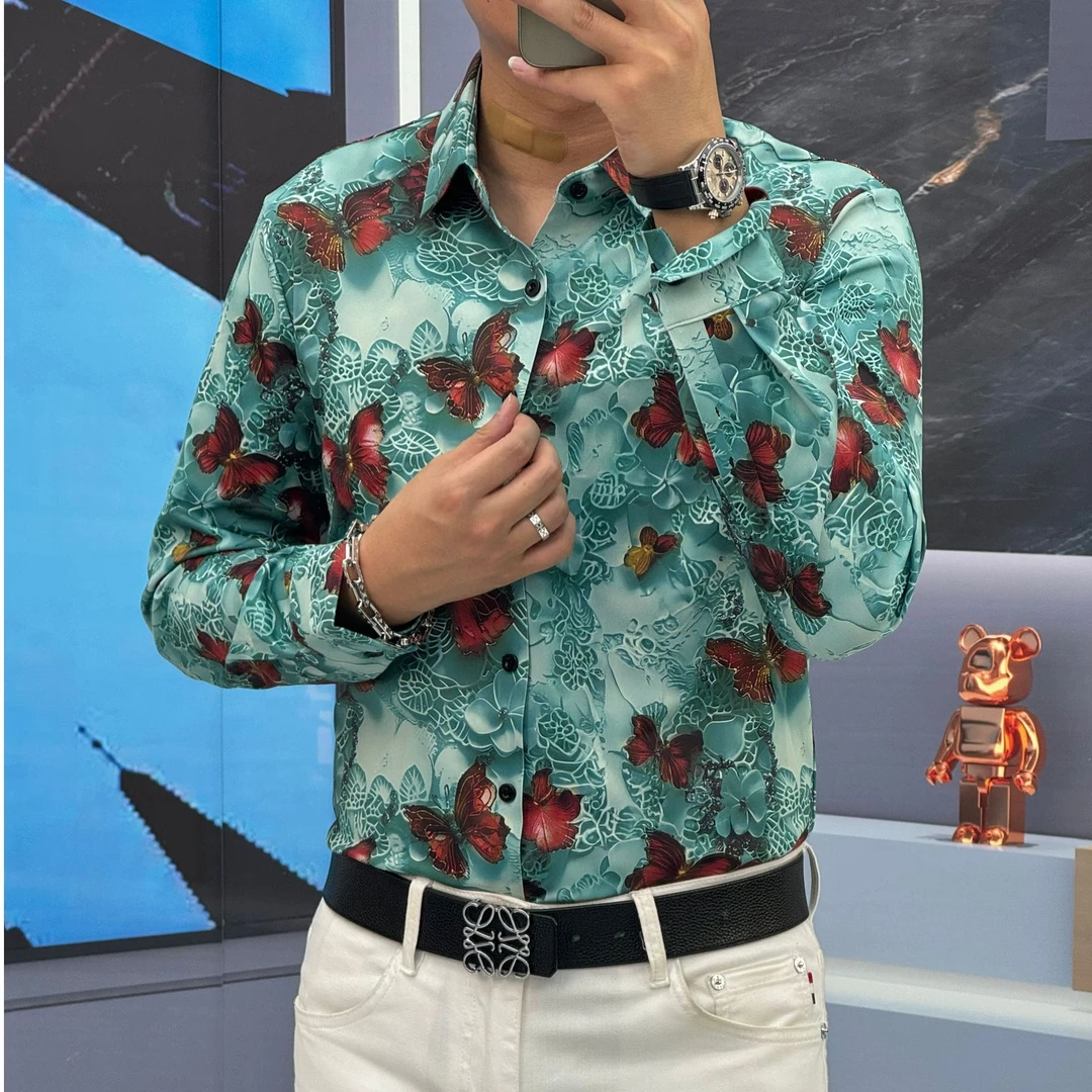 时尚潮流男士商务休闲夏季韩版长袖衬衣秋季新款数码印花衬衫上衣