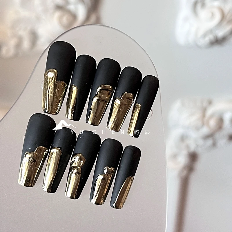 C+|纯手工定制穿戴甲【暗黑鎏金流体甜酷】原创设计指甲返潮复古