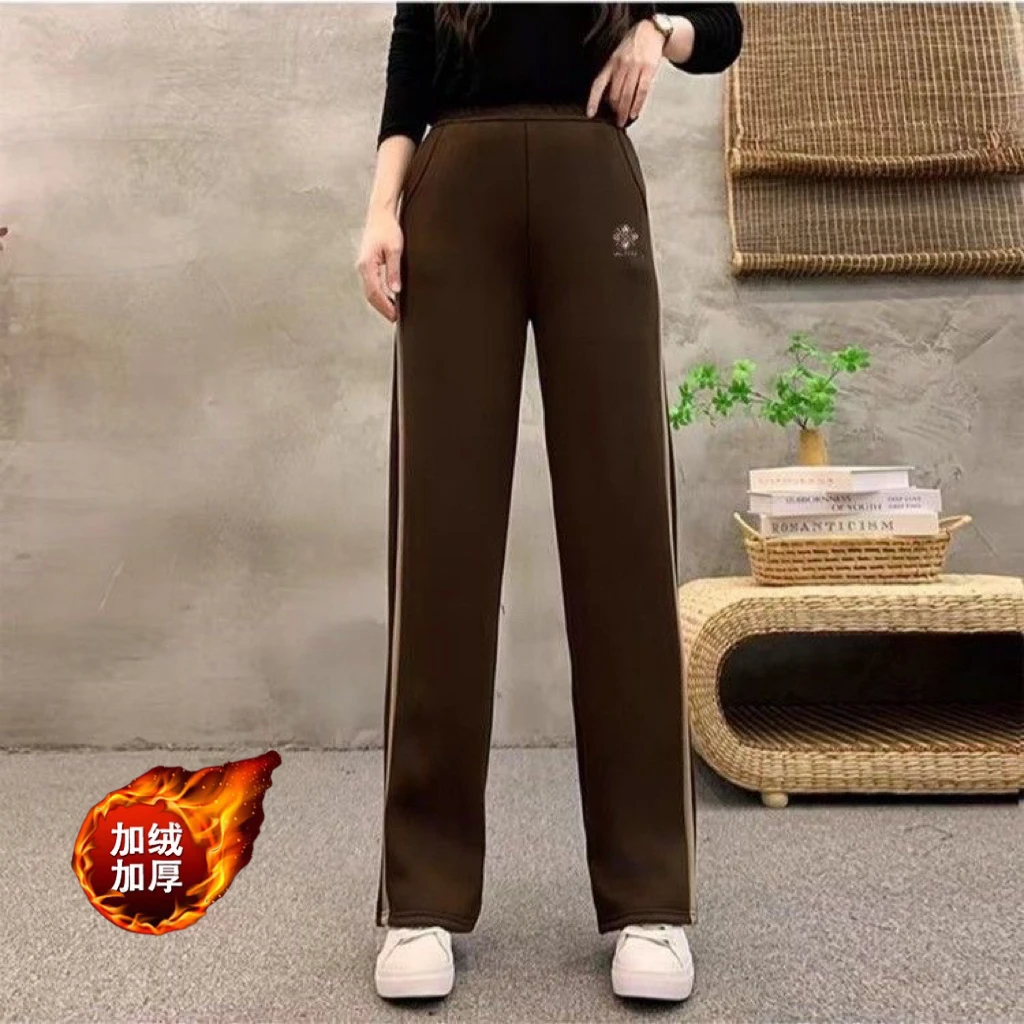 加绒加厚保暖休闲百搭直筒裤秋冬季时尚显瘦高腰双色运动阔腿长裤