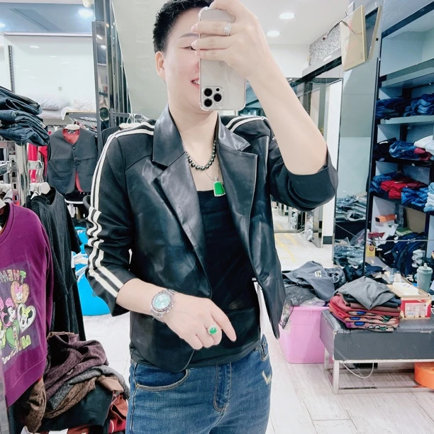 韩版时尚拼接水洗皮短款西装外套909品