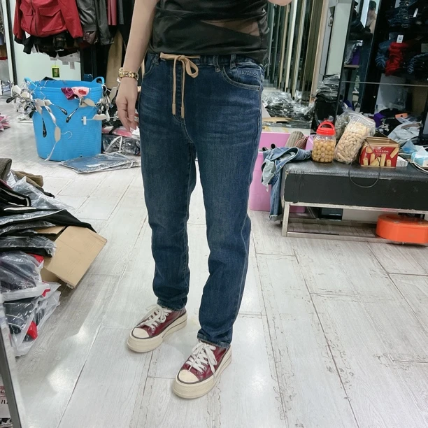 自由派秋冬松紧腰绑带弹力牛仔裤83992品