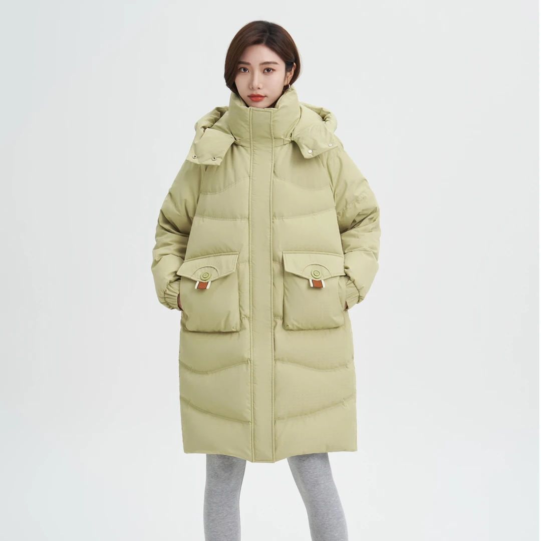 秋冬时尚加厚休闲过膝中长款连帽90白鸭绒