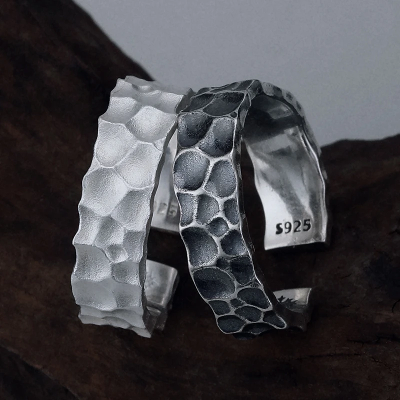 925银戒指 锤纹戒指男生潮流简约高级感开口可调节食指素圈指环男