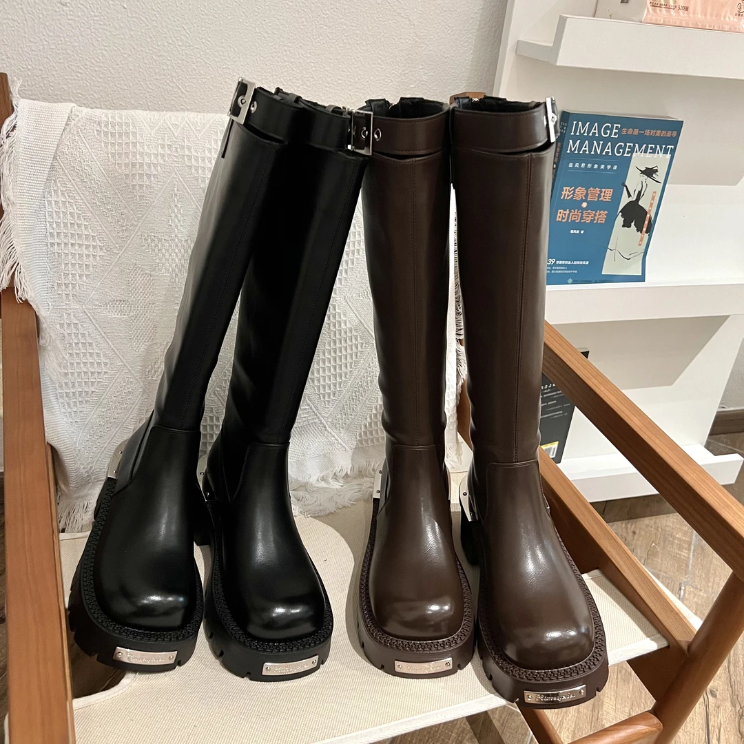 糖糖【M家中古款】古着系列高靴增高边扣加绒长靴中古时尚百搭粗跟