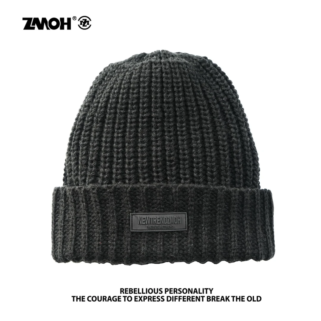 ZMOH纯色徽标保暖包头针织绒线帽男女同款情侣款