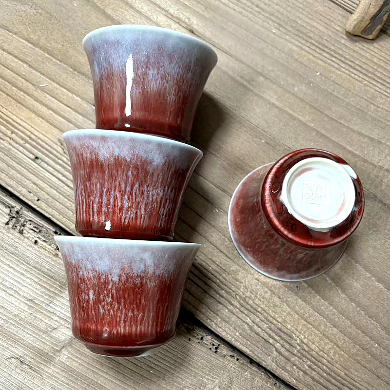 陶瓷钧瓷窑变主人杯郎红品茗杯功夫茶具单杯个人专用茶杯家用90ml