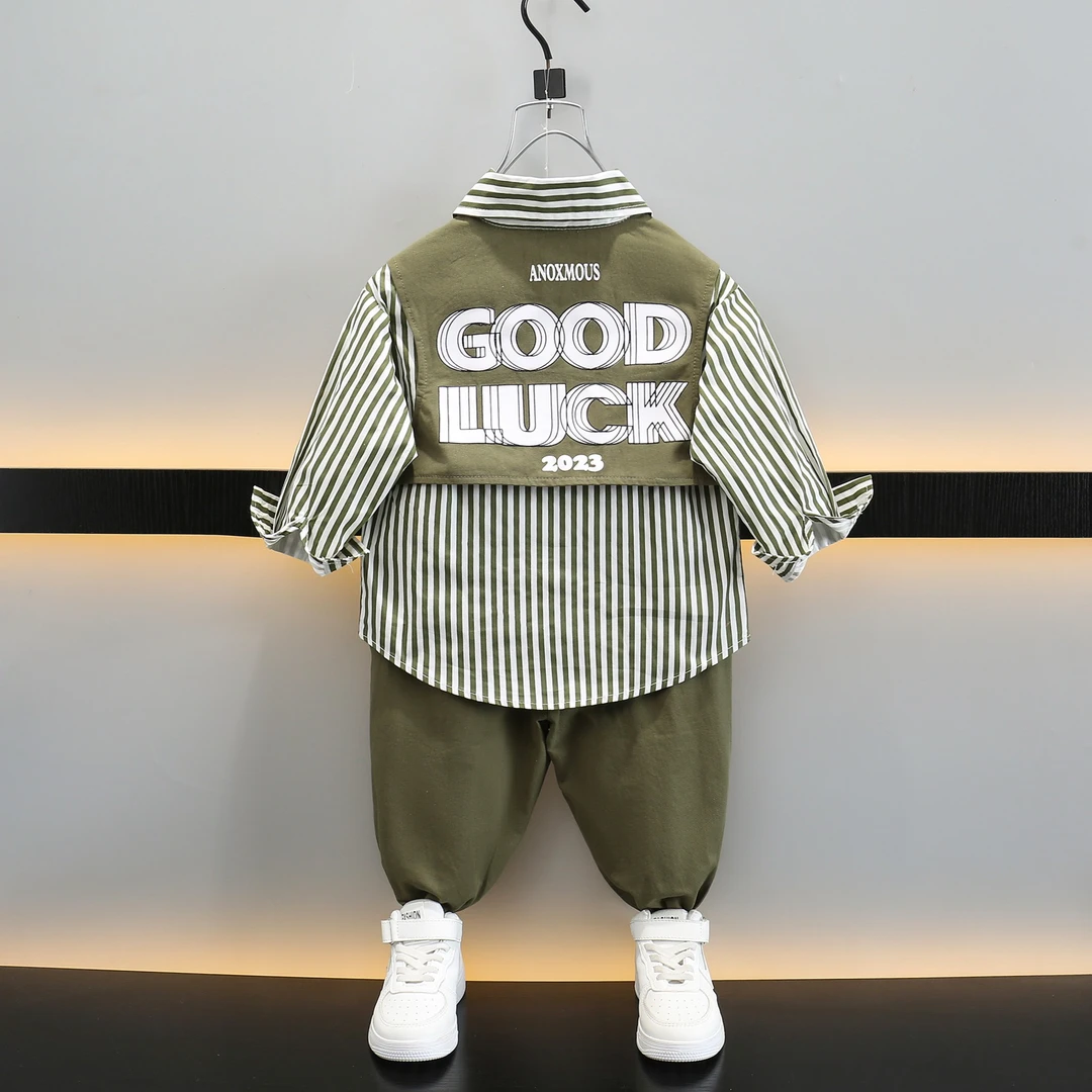 儿童衬衫套装宝宝韩版拼接衬衣两件套竖条棉布新款时髦炸街套装