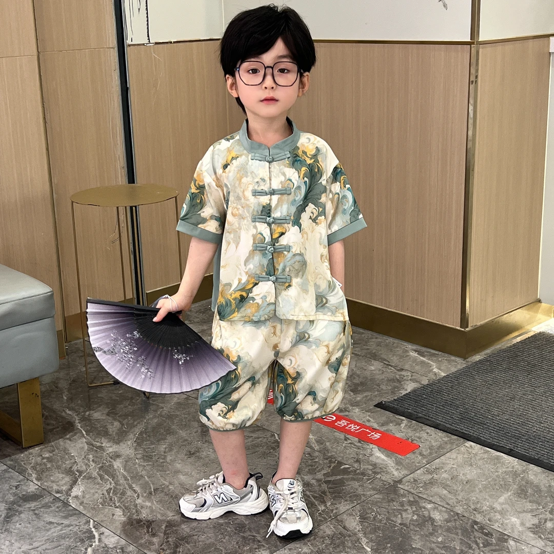 儿童洋气短袖套装夏季新款七彩祥云复古汉服套装帅气潮酷时尚套装