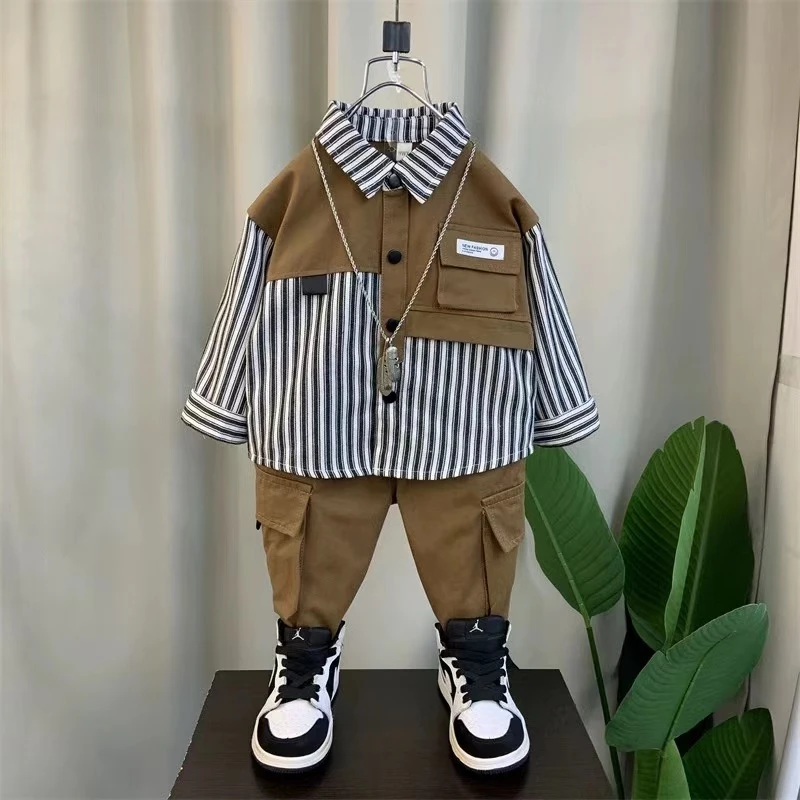儿童秋季套装时尚新品秋款男童拼接条纹衬衫套装帅气洋气中小童装