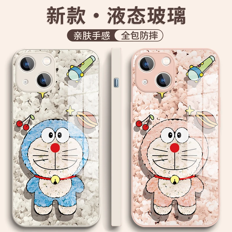 适用于苹果/华为/小米/oppo/vivo创意油画哆啦A梦液态玻璃手机壳