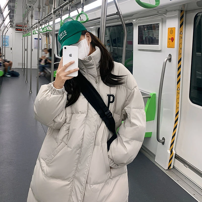 2023新款P字长款羽绒服女韩版宽松过膝棉衣冬季加厚棉袄外