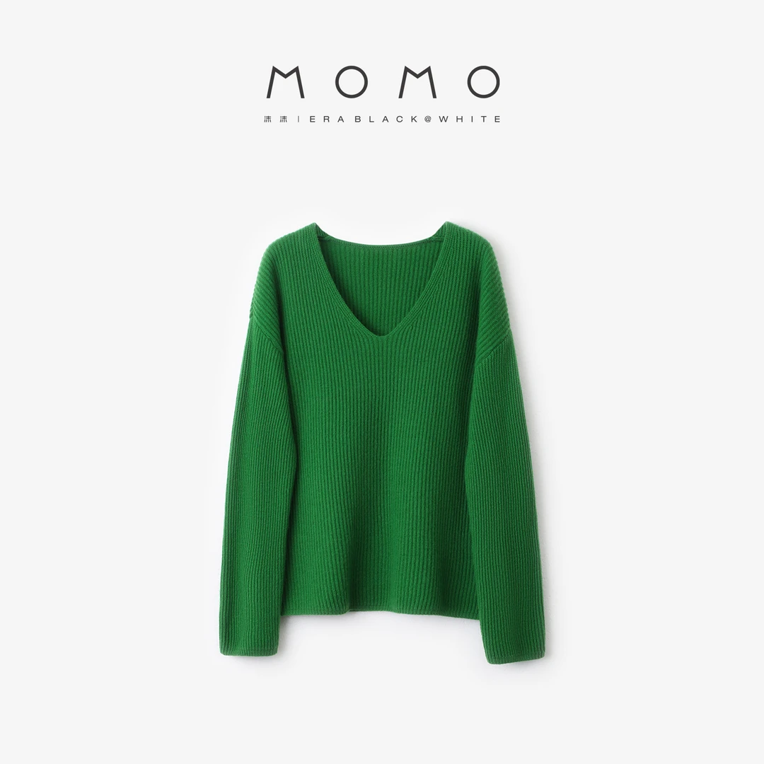 【妲姐粉丝专享】MOMO 3110 MY 纯色竖纹V领毛衣MOMOERABLACK&WHITE