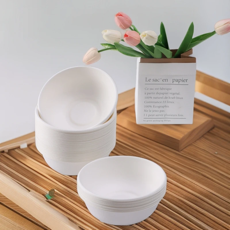 一次性环保白色纸浆野餐米饭碗圆形纸碗打包盒沙拉碗餐盒带盖大号