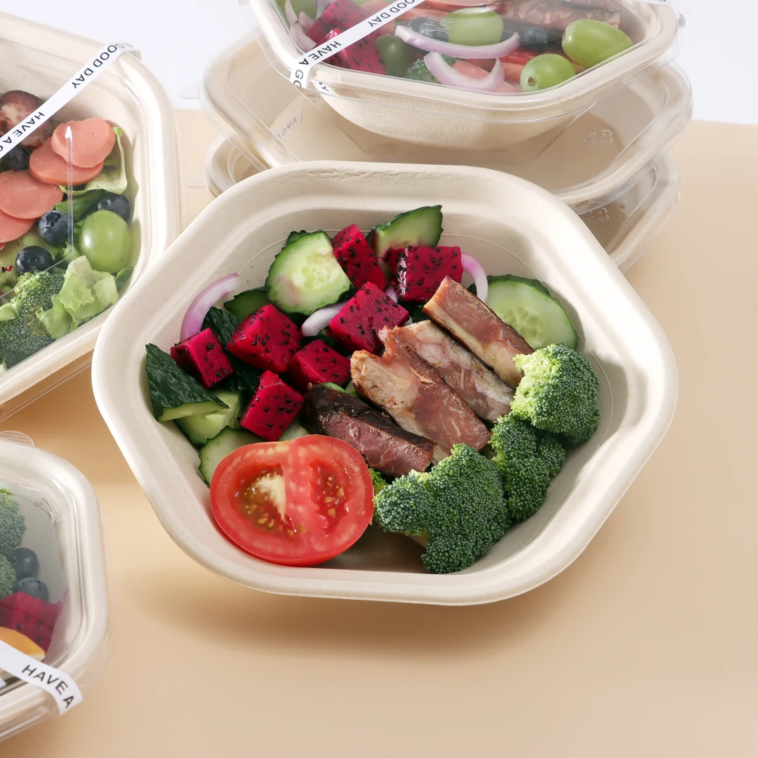 一次性水果打包盒野餐家用商用环保可降解纸浆六边形快餐碗带盖碗