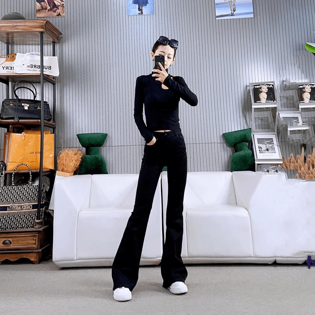 柒柒家「长腿行情」黑色显瘦弹力拖地气质喇叭裤牛仔裤