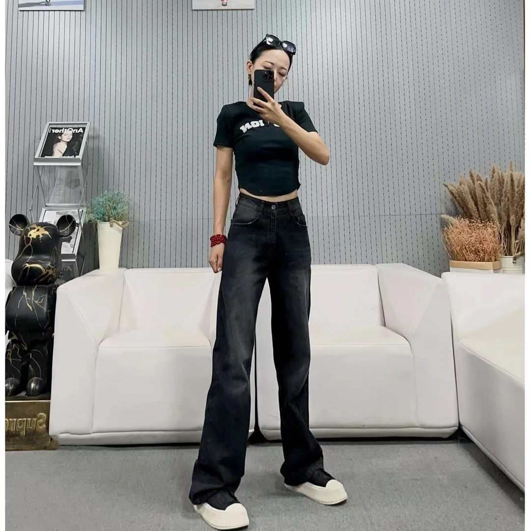 柒柒「梦中情裤」黑复古擦药高腰百搭时尚设计感阔腿牛仔裤 KB0362