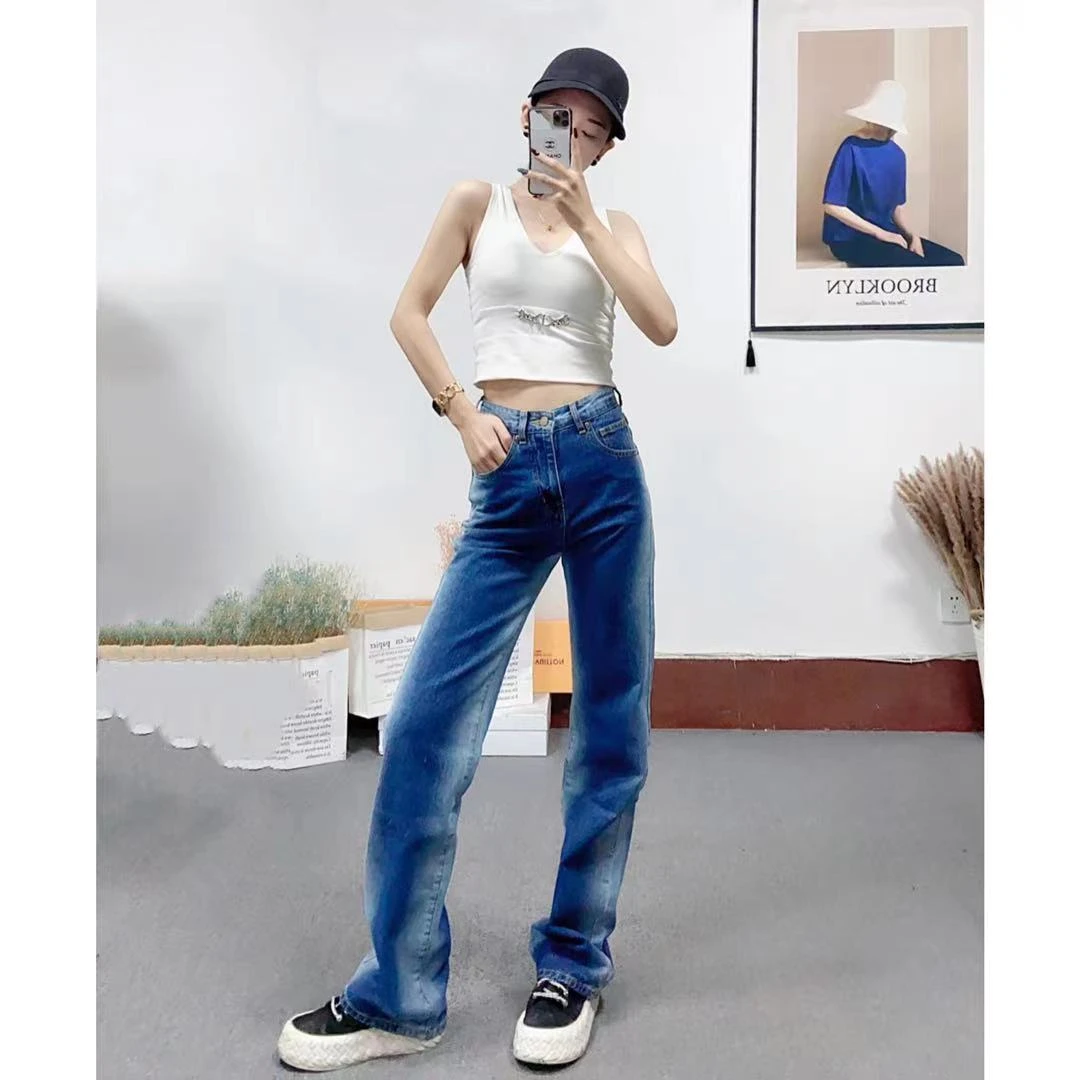 柒柒「长腿范本」蓝色潮品撞色显瘦时尚设计感直筒高腰牛仔裤 006