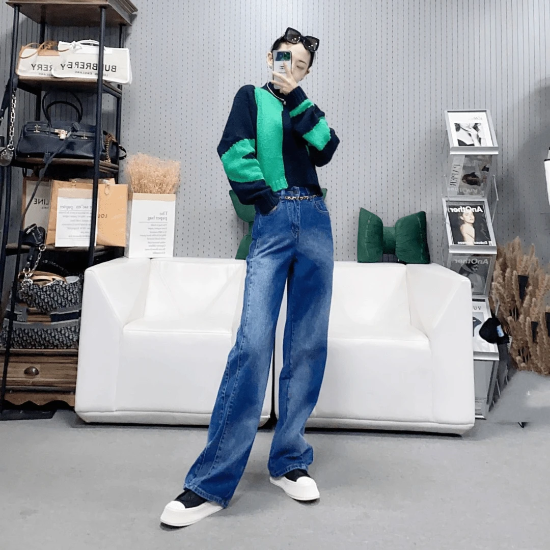 柒柒家 「长腿風范」美式慵懒高腰复古显瘦染色拖地牛仔裤 3011