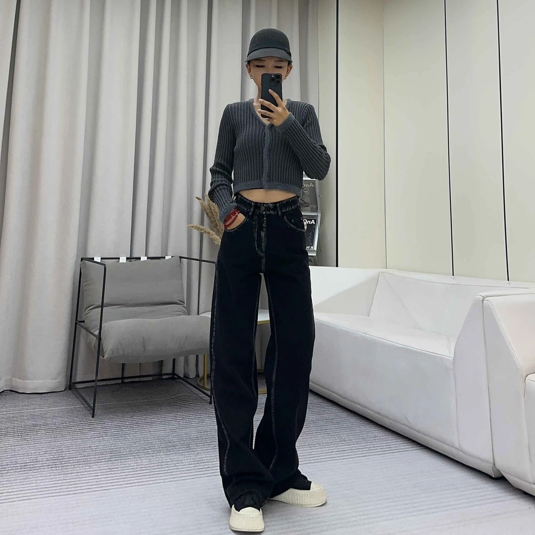 柒柒「炫酷黑系」磨边设计感黑色高腰显瘦阔腿拖地牛仔裤 Q3018