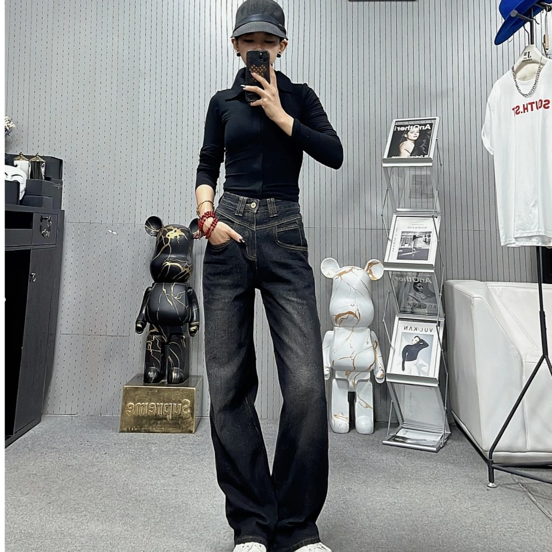 柒柒「长腿范儿」孤傲冷黑立体感高腰百搭宽松拖地牛仔裤 3065-2