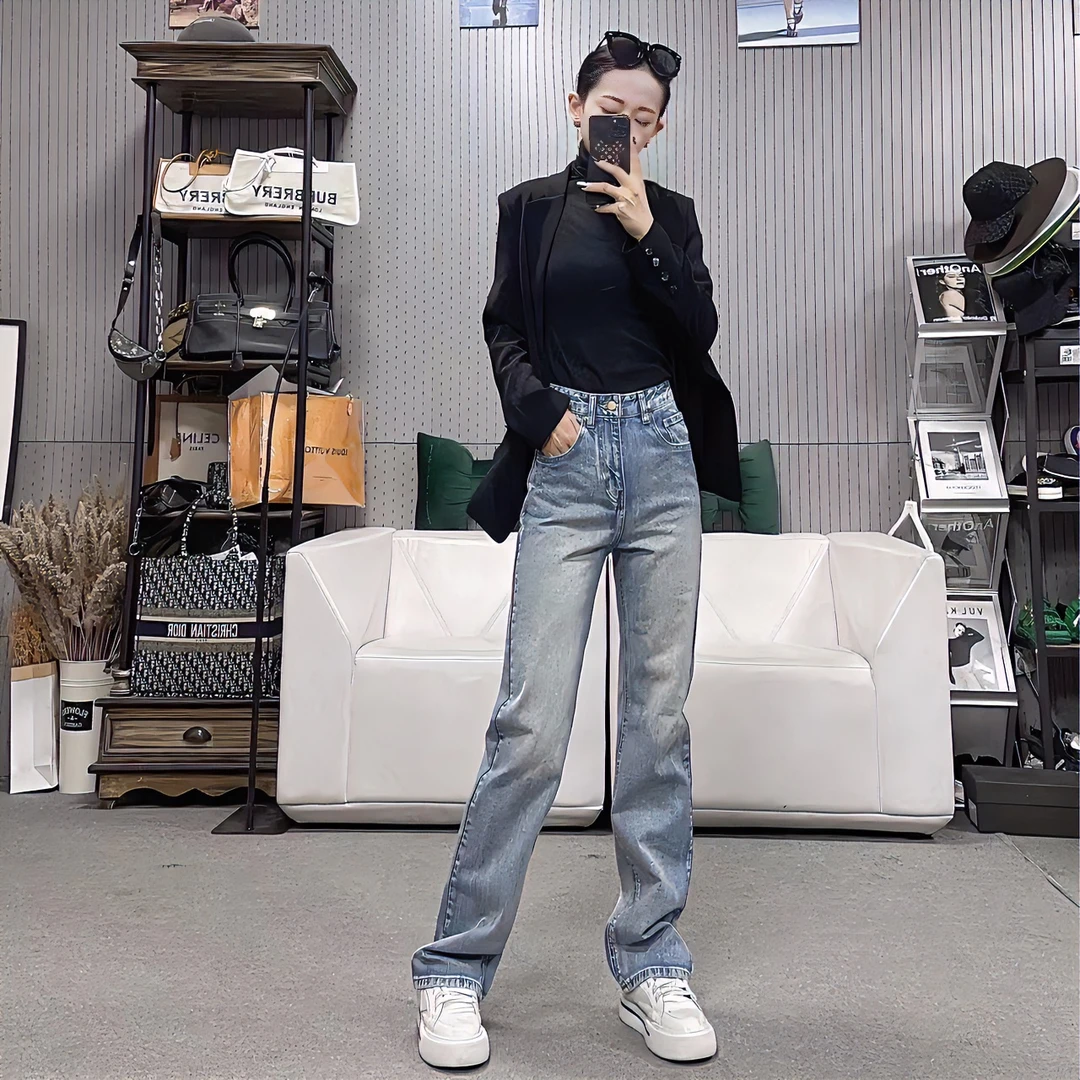 柒柒「长腿复古」欧美复古全手工磨擦显瘦直筒百搭拖地牛仔裤 008