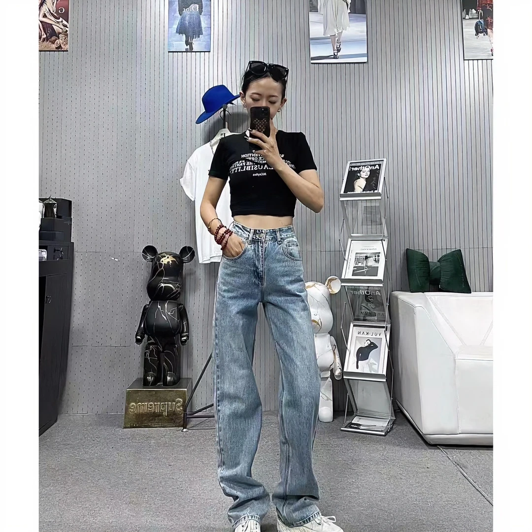 柒柒「长腿欧盟」高冷复古宽松高腰显瘦百搭拖地裤直筒牛仔裤 6077