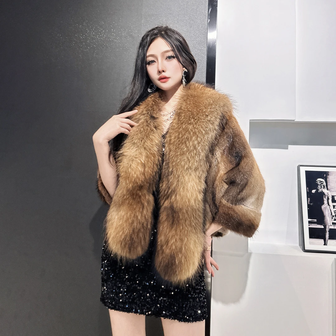 FLAME QUEEN/火焰皇后曼城旧事 青根貂皮大衣貉子毛领短款皮草女