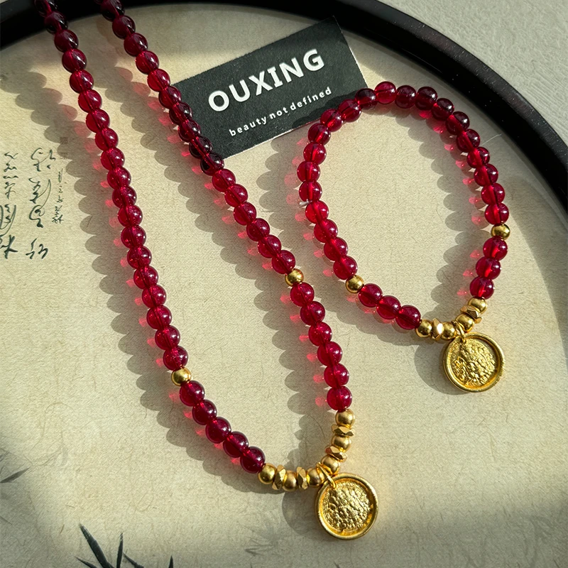铜合金项链 新中式红瑙串珠项链