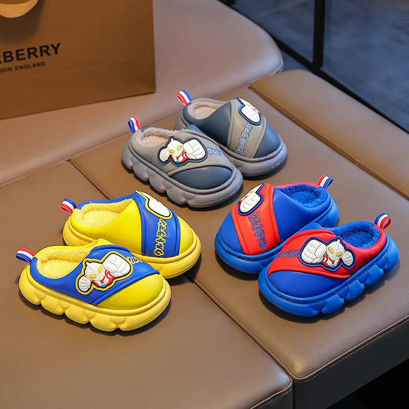 冬季新款儿童棉拖鞋皮面防水EVA软底防滑加厚奥特曼男孩宝宝棉鞋