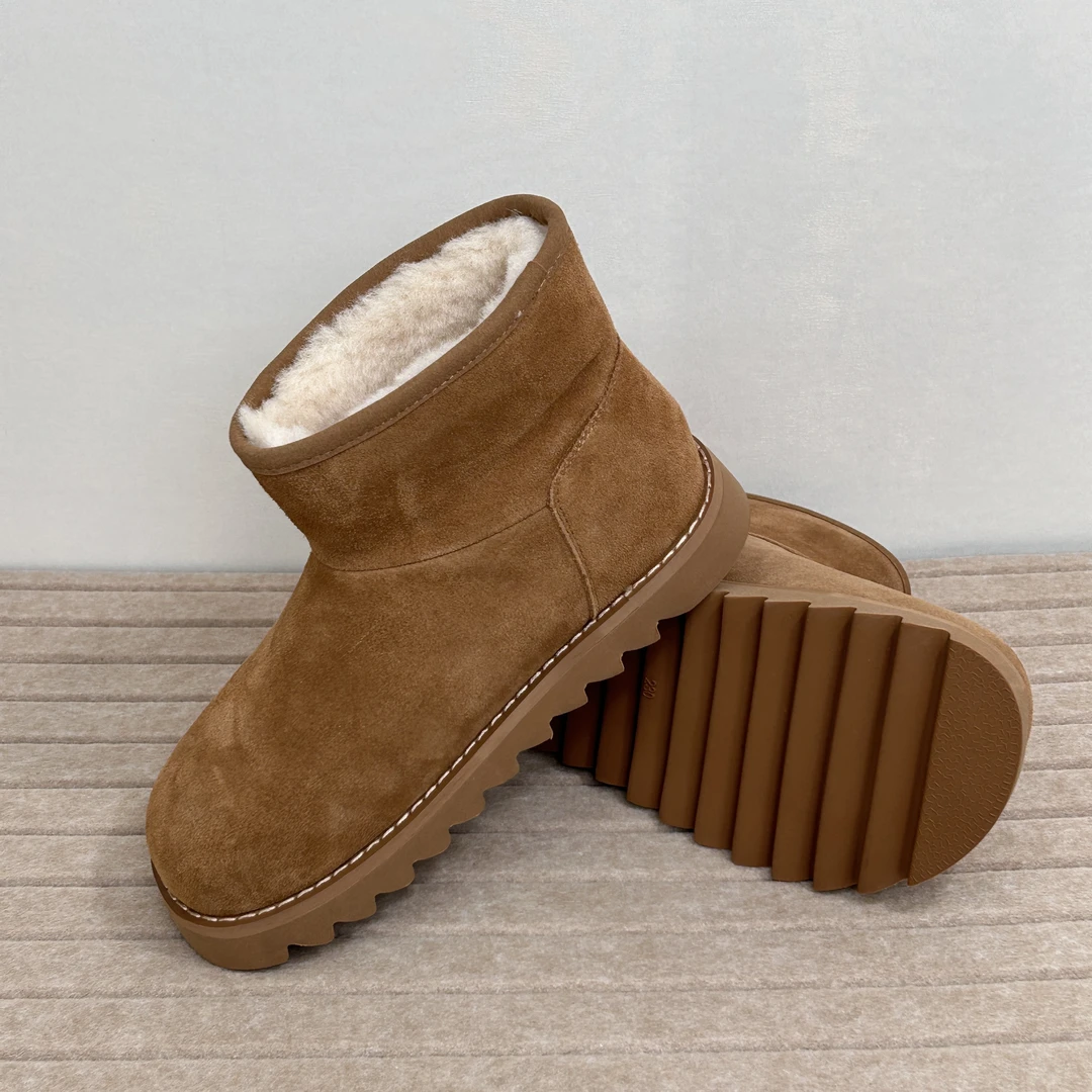 【0729】 真皮圆头厚底羊毛保暖雪地靴冬季必备保暖松糕软底雪地靴